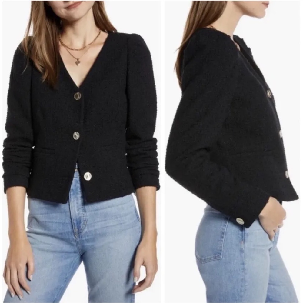 Something Navy Tweed Cropped Blazer in Black size Small
